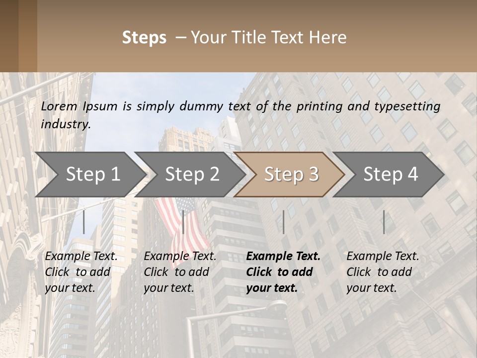 A City Street With Tall Buildings And An American Flag PowerPoint Template