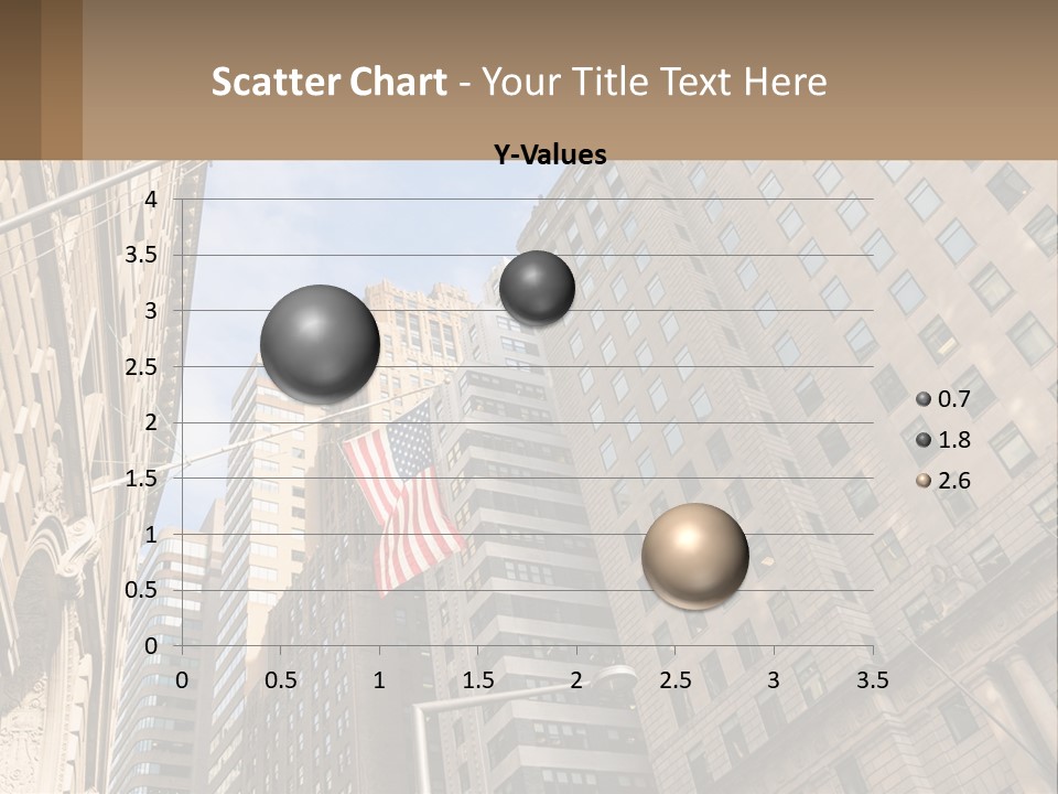 A City Street With Tall Buildings And An American Flag PowerPoint Template