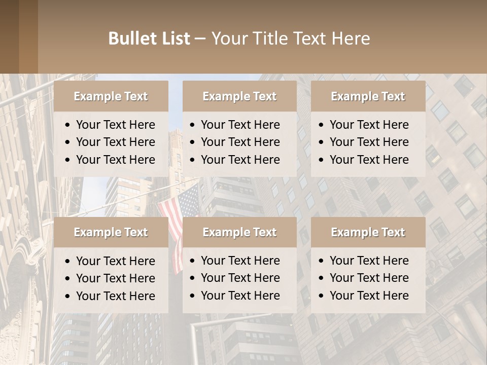 A City Street With Tall Buildings And An American Flag PowerPoint Template