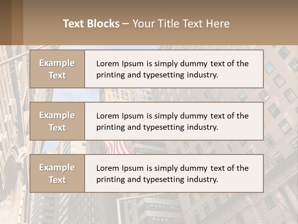 A City Street With Tall Buildings And An American Flag PowerPoint Template