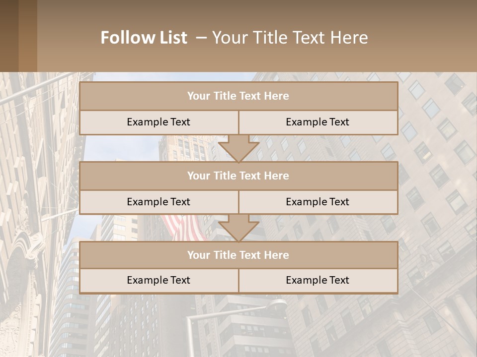 A City Street With Tall Buildings And An American Flag PowerPoint Template