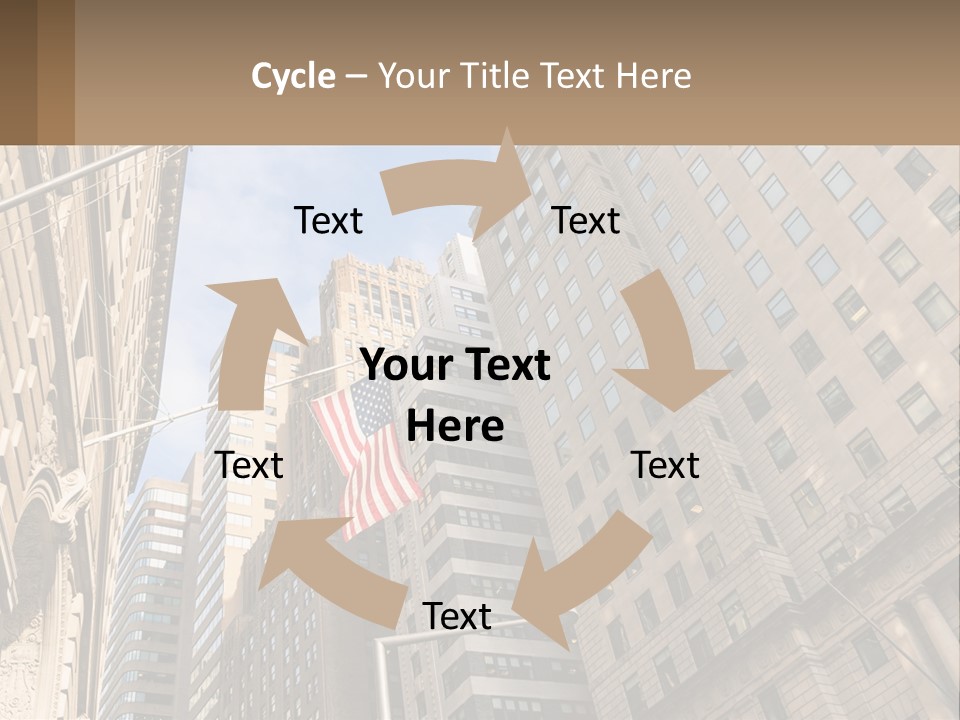 A City Street With Tall Buildings And An American Flag PowerPoint Template