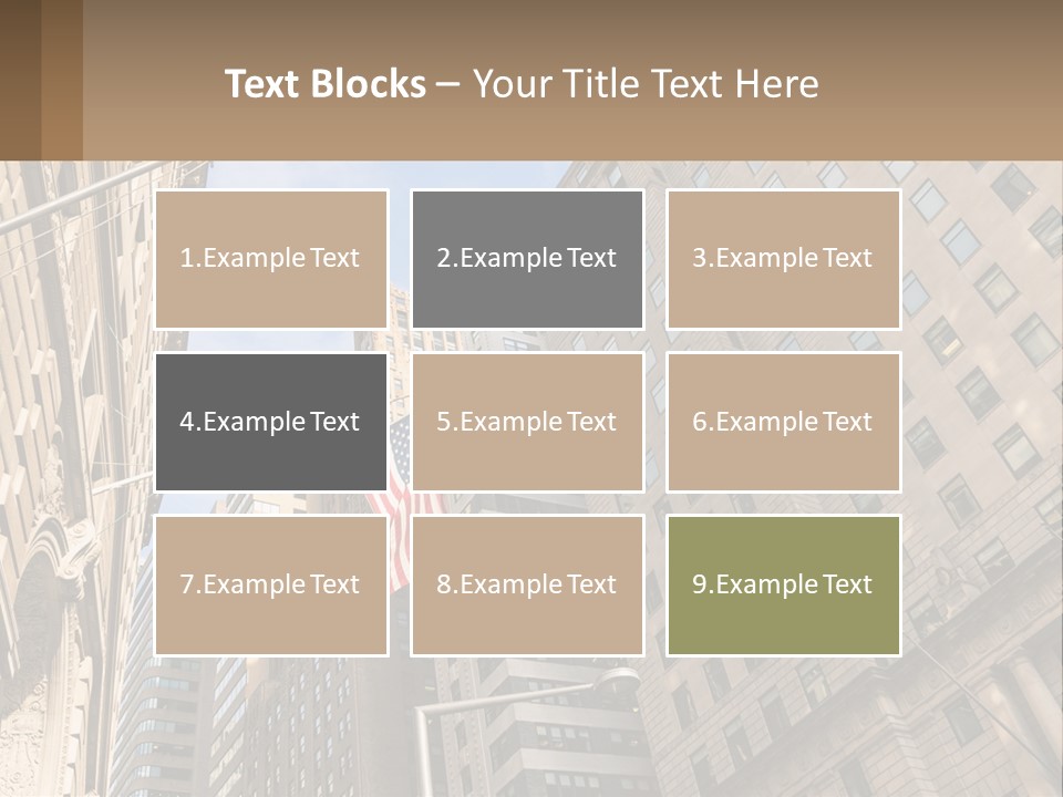 A City Street With Tall Buildings And An American Flag PowerPoint Template