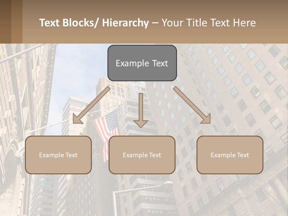 A City Street With Tall Buildings And An American Flag PowerPoint Template