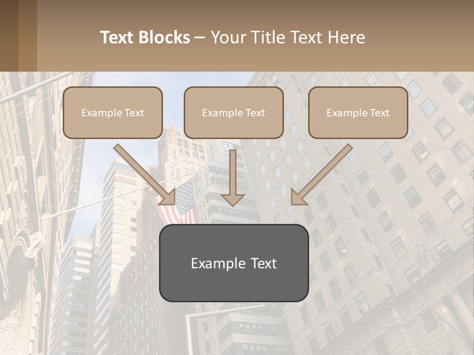A City Street With Tall Buildings And An American Flag PowerPoint Template