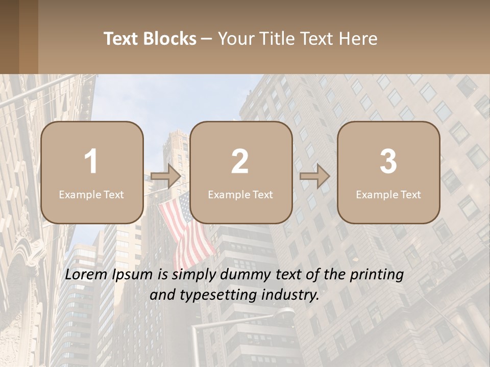 A City Street With Tall Buildings And An American Flag PowerPoint Template