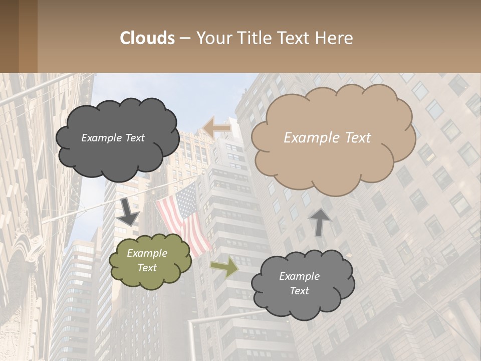 A City Street With Tall Buildings And An American Flag PowerPoint Template