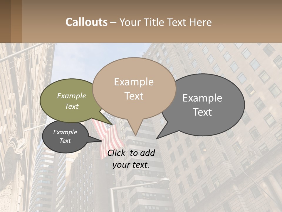 A City Street With Tall Buildings And An American Flag PowerPoint Template