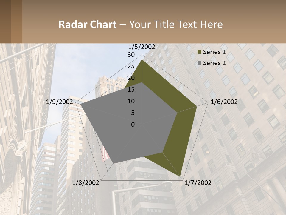 A City Street With Tall Buildings And An American Flag PowerPoint Template