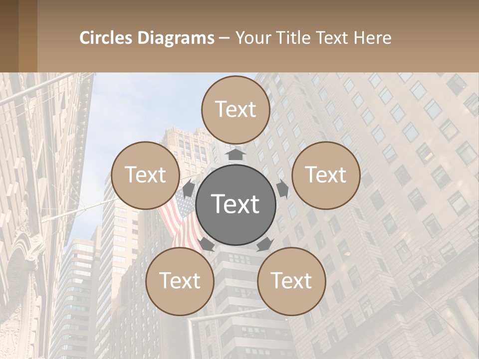 A City Street With Tall Buildings And An American Flag PowerPoint Template