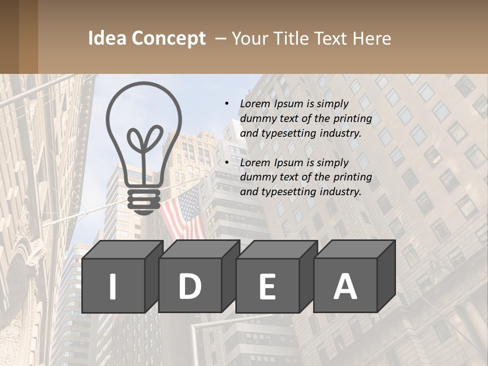 A City Street With Tall Buildings And An American Flag PowerPoint Template