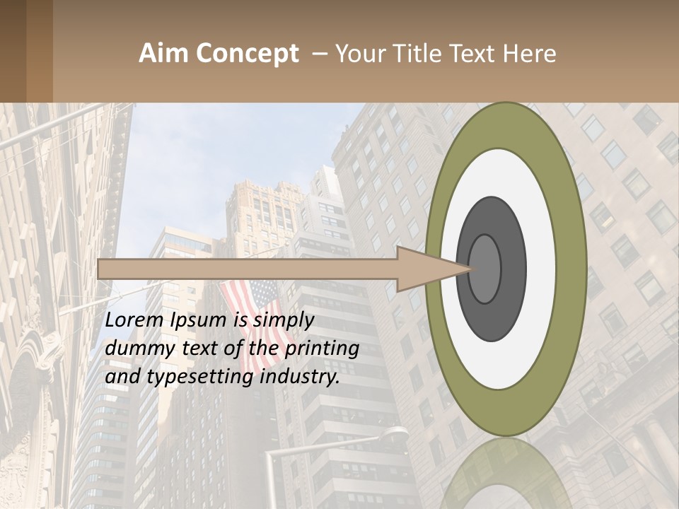 A City Street With Tall Buildings And An American Flag PowerPoint Template