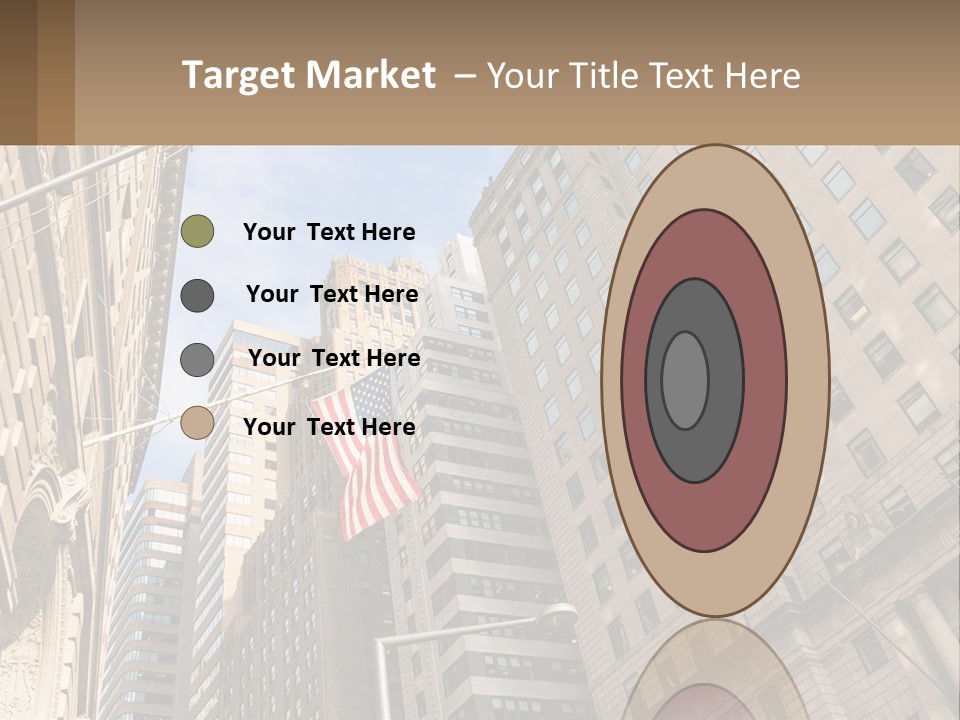 A City Street With Tall Buildings And An American Flag PowerPoint Template