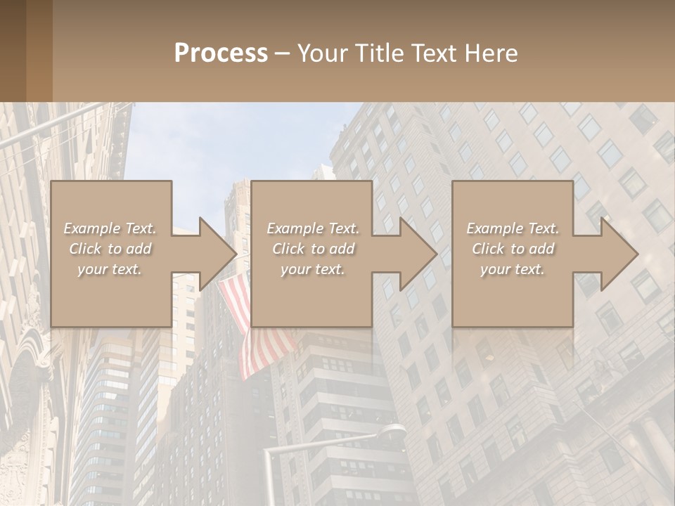 A City Street With Tall Buildings And An American Flag PowerPoint Template