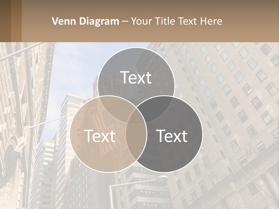 A City Street With Tall Buildings And An American Flag PowerPoint Template