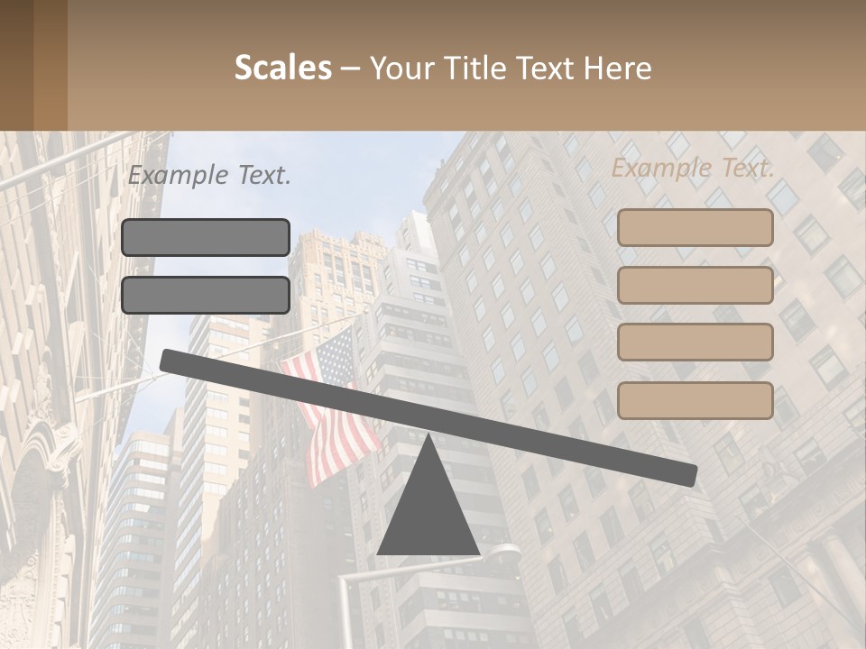 A City Street With Tall Buildings And An American Flag PowerPoint Template