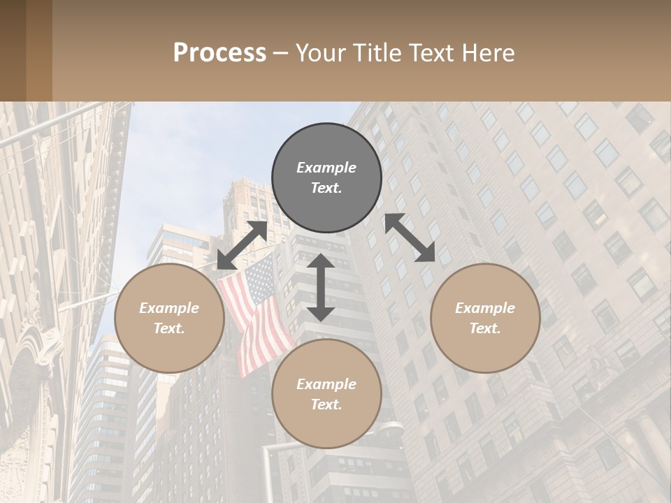 A City Street With Tall Buildings And An American Flag PowerPoint Template