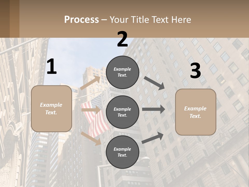 A City Street With Tall Buildings And An American Flag PowerPoint Template
