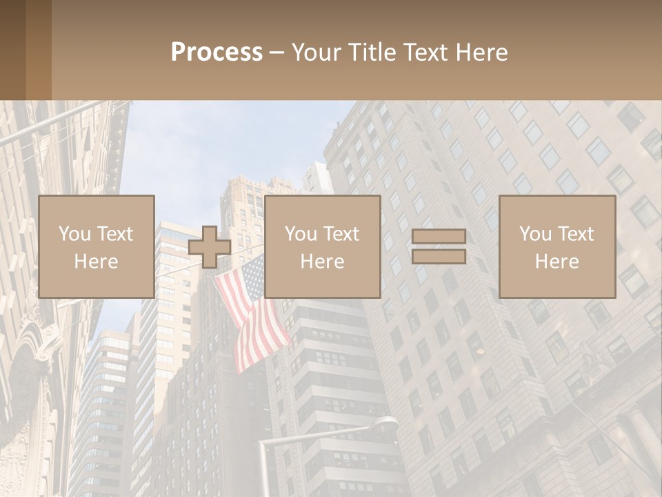 A City Street With Tall Buildings And An American Flag PowerPoint Template