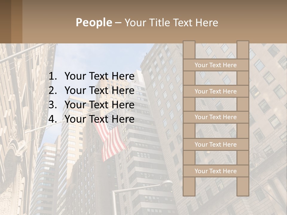 A City Street With Tall Buildings And An American Flag PowerPoint Template