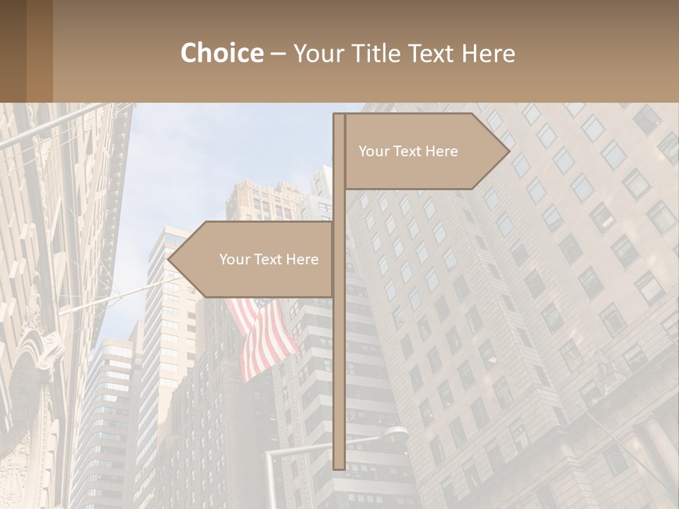 A City Street With Tall Buildings And An American Flag PowerPoint Template
