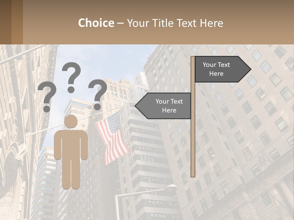 A City Street With Tall Buildings And An American Flag PowerPoint Template
