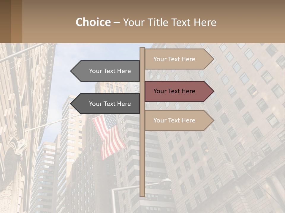 A City Street With Tall Buildings And An American Flag PowerPoint Template