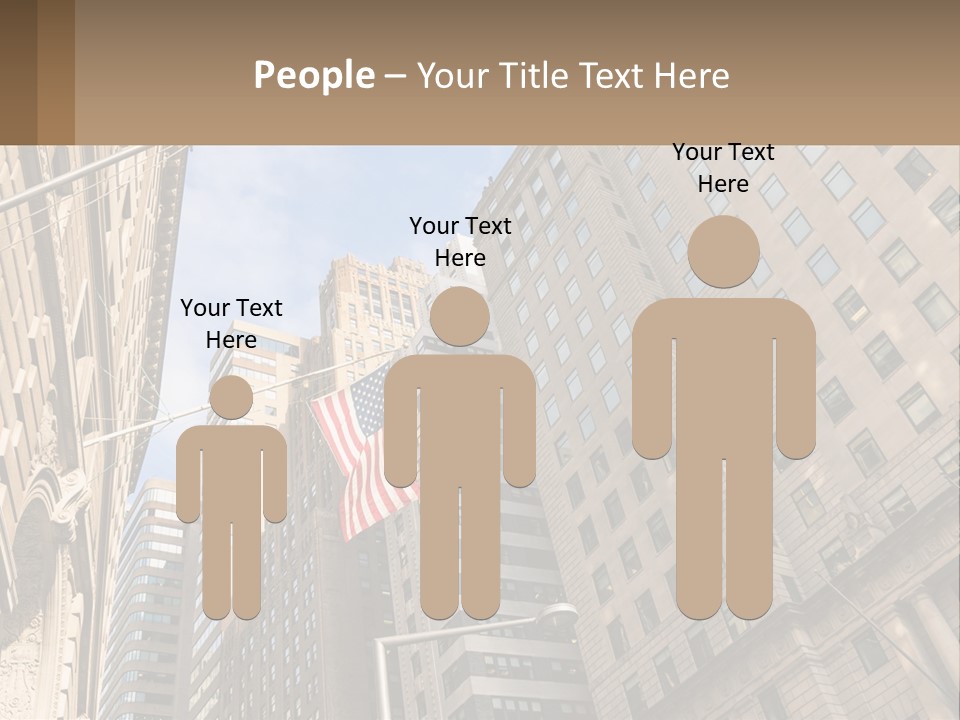 A City Street With Tall Buildings And An American Flag PowerPoint Template