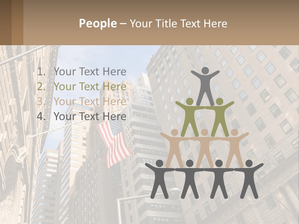 A City Street With Tall Buildings And An American Flag PowerPoint Template