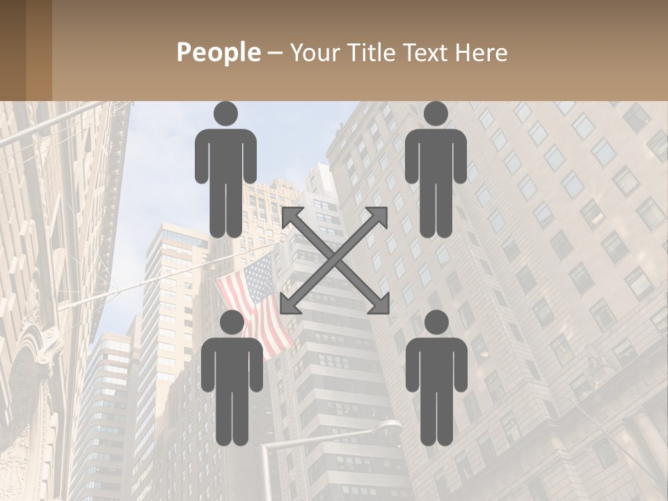 A City Street With Tall Buildings And An American Flag PowerPoint Template