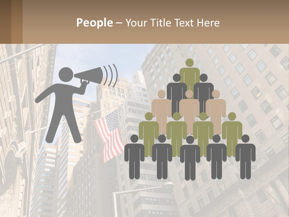 A City Street With Tall Buildings And An American Flag PowerPoint Template