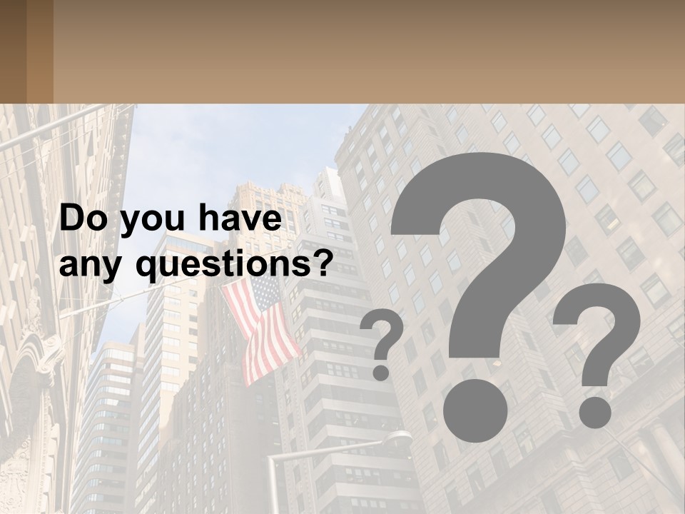 A City Street With Tall Buildings And An American Flag PowerPoint Template