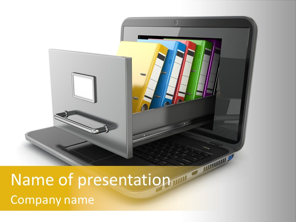 A Laptop With Folders On Top Of It PowerPoint Template