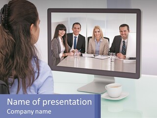 A Woman Looking At A Computer Screen With A Group Of People On It PowerPoint Template