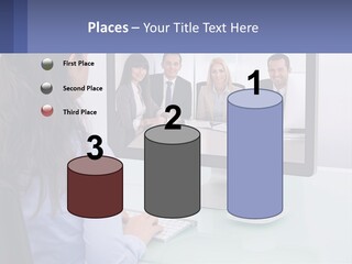 A Woman Looking At A Computer Screen With A Group Of People On It PowerPoint Template