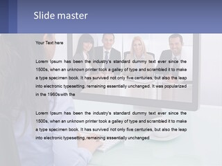 A Woman Looking At A Computer Screen With A Group Of People On It PowerPoint Template