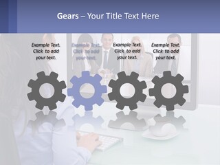 A Woman Looking At A Computer Screen With A Group Of People On It PowerPoint Template