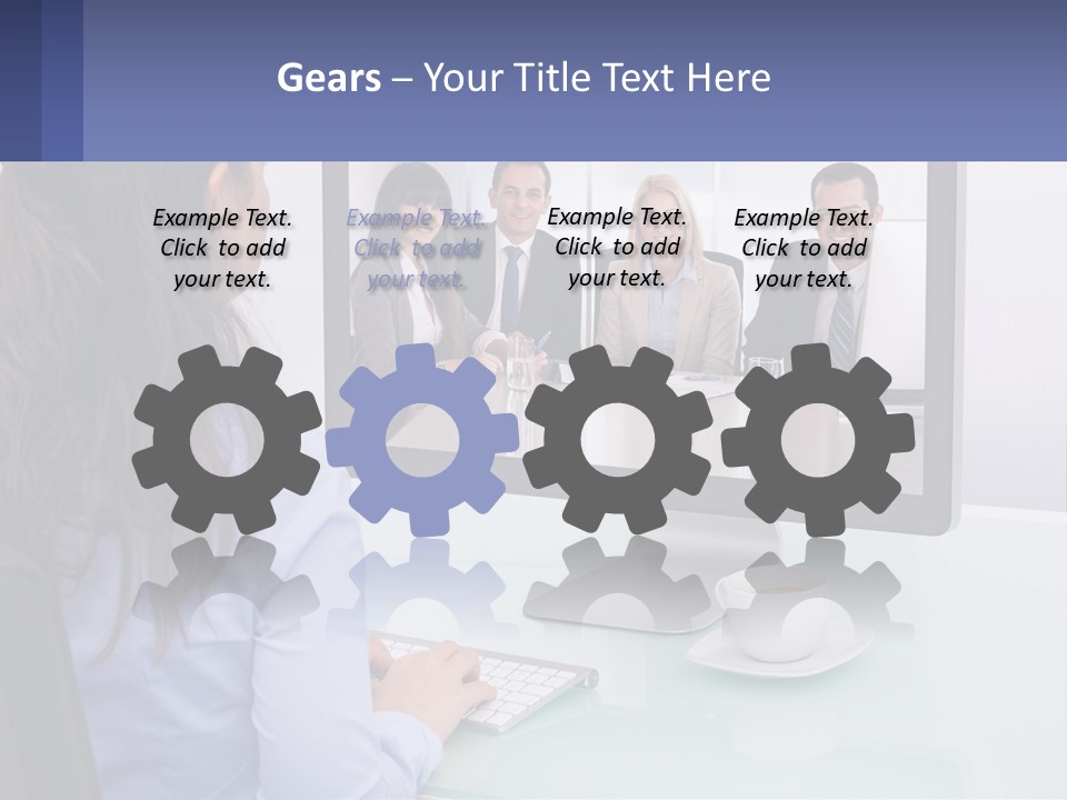 A Woman Looking At A Computer Screen With A Group Of People On It PowerPoint Template