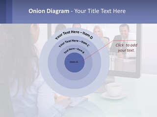 A Woman Looking At A Computer Screen With A Group Of People On It PowerPoint Template