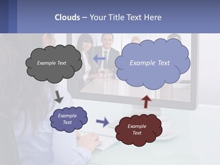 A Woman Looking At A Computer Screen With A Group Of People On It PowerPoint Template