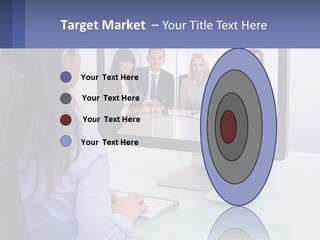 A Woman Looking At A Computer Screen With A Group Of People On It PowerPoint Template