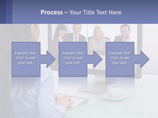 A Woman Looking At A Computer Screen With A Group Of People On It PowerPoint Template