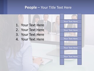 A Woman Looking At A Computer Screen With A Group Of People On It PowerPoint Template