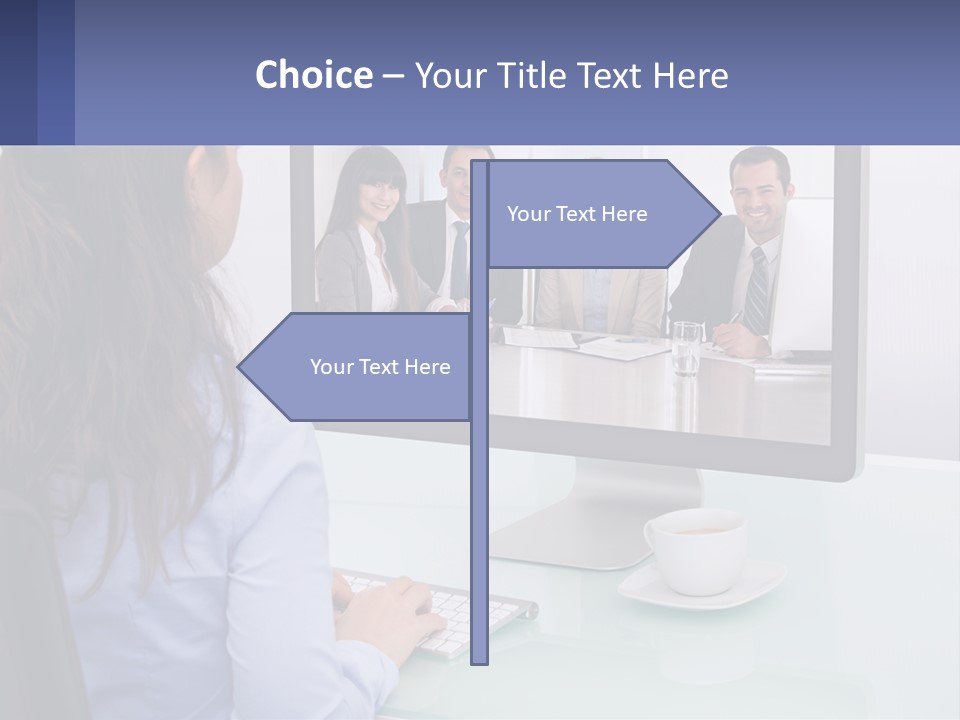 A Woman Looking At A Computer Screen With A Group Of People On It PowerPoint Template