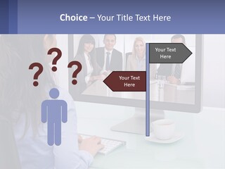 A Woman Looking At A Computer Screen With A Group Of People On It PowerPoint Template
