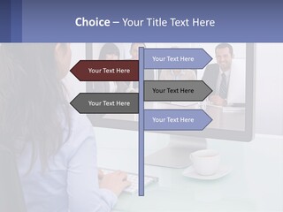 A Woman Looking At A Computer Screen With A Group Of People On It PowerPoint Template