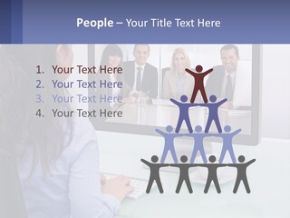 A Woman Looking At A Computer Screen With A Group Of People On It PowerPoint Template