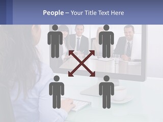 A Woman Looking At A Computer Screen With A Group Of People On It PowerPoint Template
