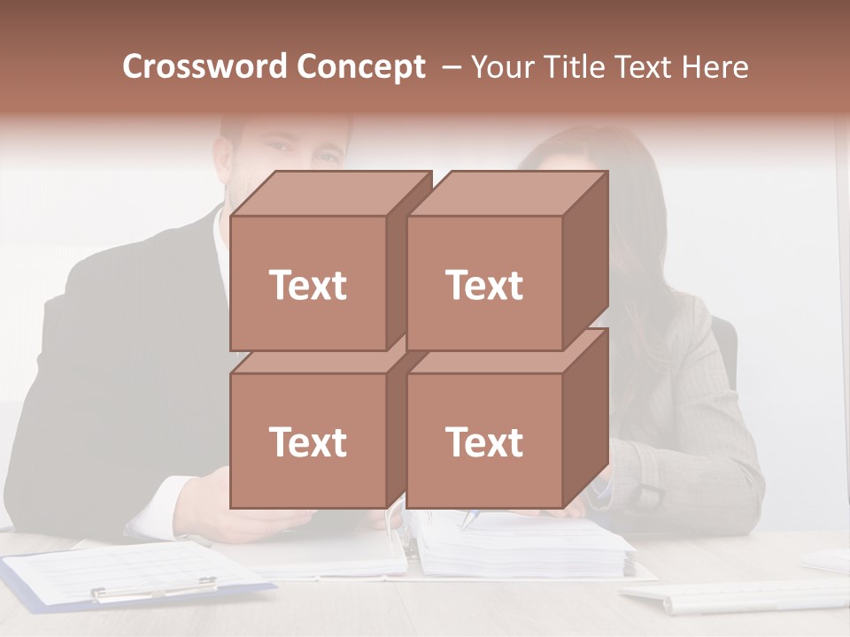 A Man And A Woman Sitting At A Desk PowerPoint Template