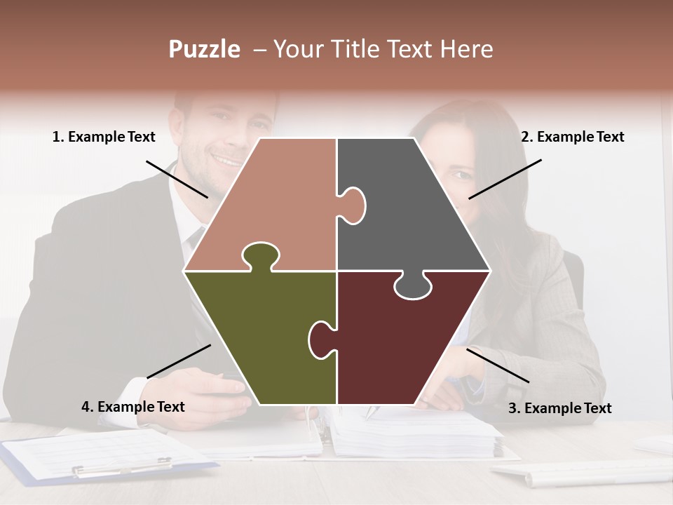 A Man And A Woman Sitting At A Desk PowerPoint Template